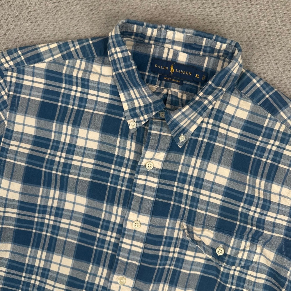 Ralph Lauren Indigo Oxford‎ Shirt Mens XL Blue White Plaid Short Slv Button Down